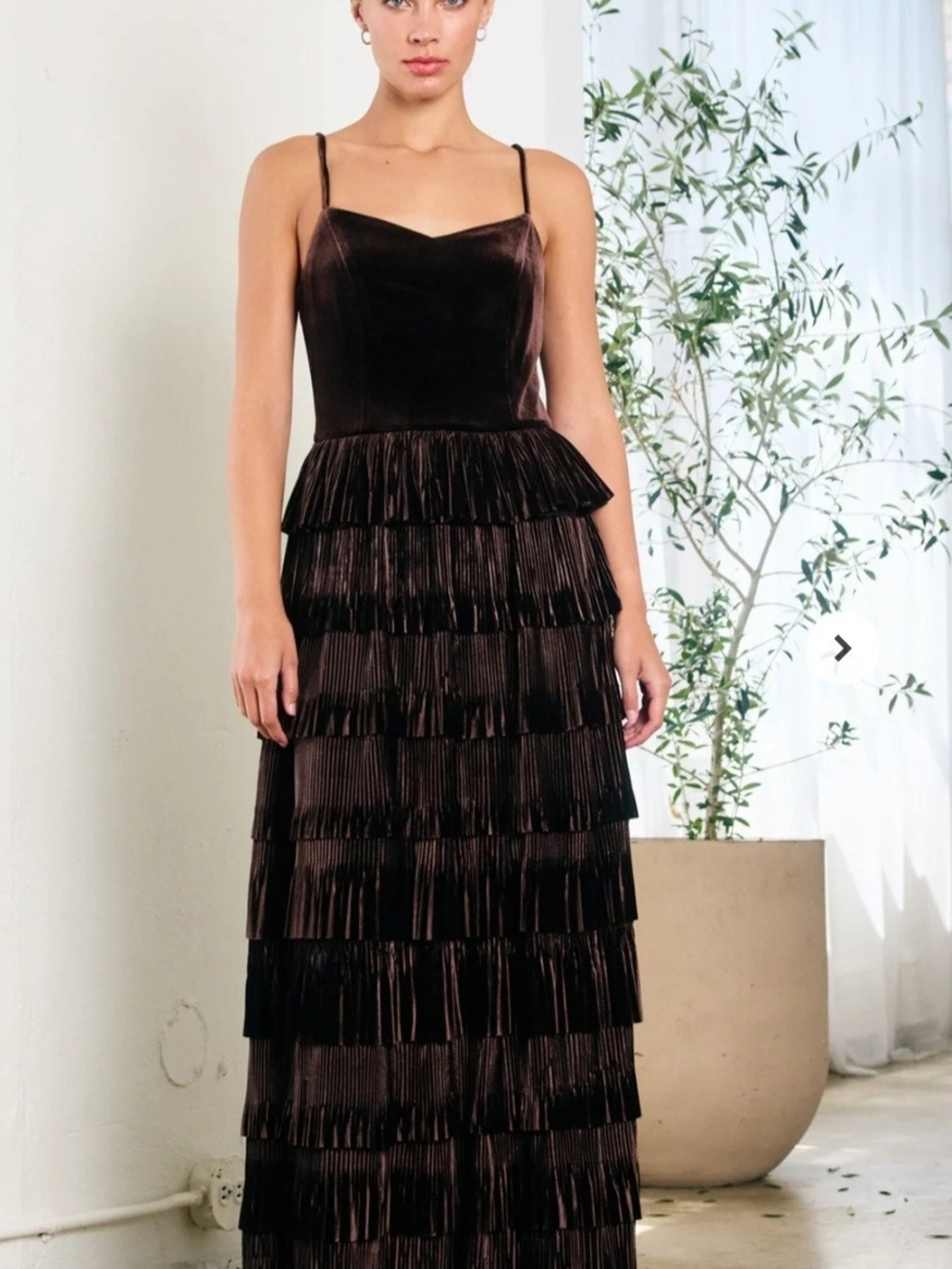 Velvet Pleated Tier Dress - Brown